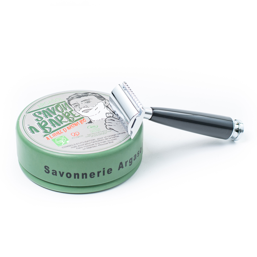 Ensemble savon à barbe et rasoir manche noir chromé