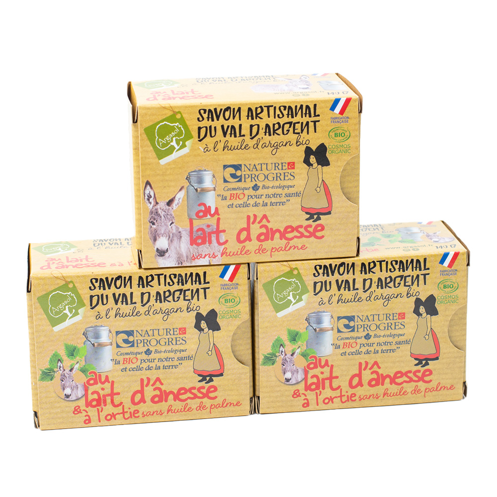 Lot de 1 Savon au Lait d'Ânesse et 2 savons au Lait d'Ânesse et à l'Ortie