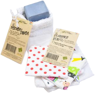 Semainier beauté (Assortiment de 7 lingettes démaquillantes + 1 filet de lavage) + Pochon à savon