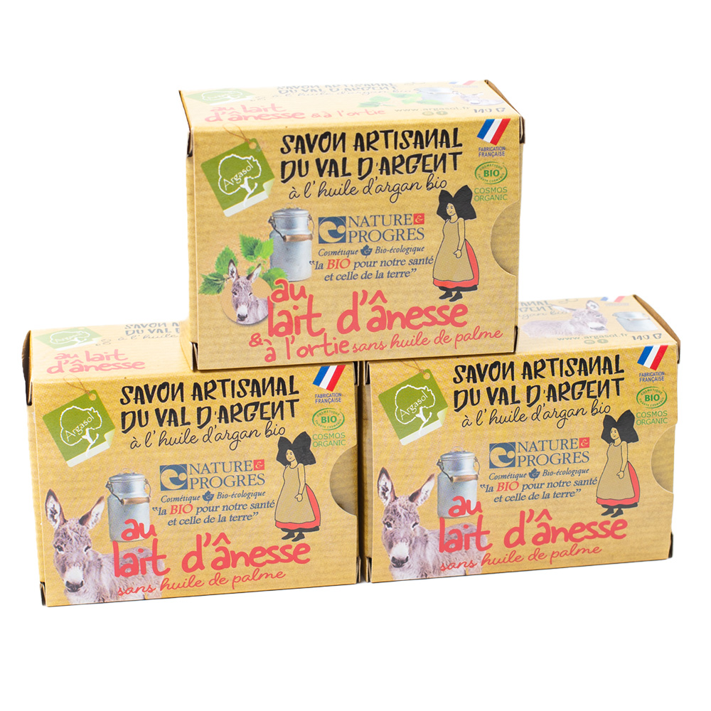 Lot de 2 Savons au Lait d'Ânesse et 1 savon au Lait d'Ânesse et à l'Ortie