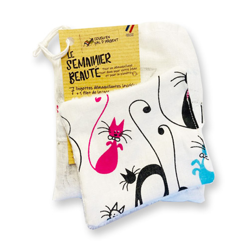 Les semainiers beauté MOTIF CHAT (7 lingettes démaquillantes + 1 filet de lavage)